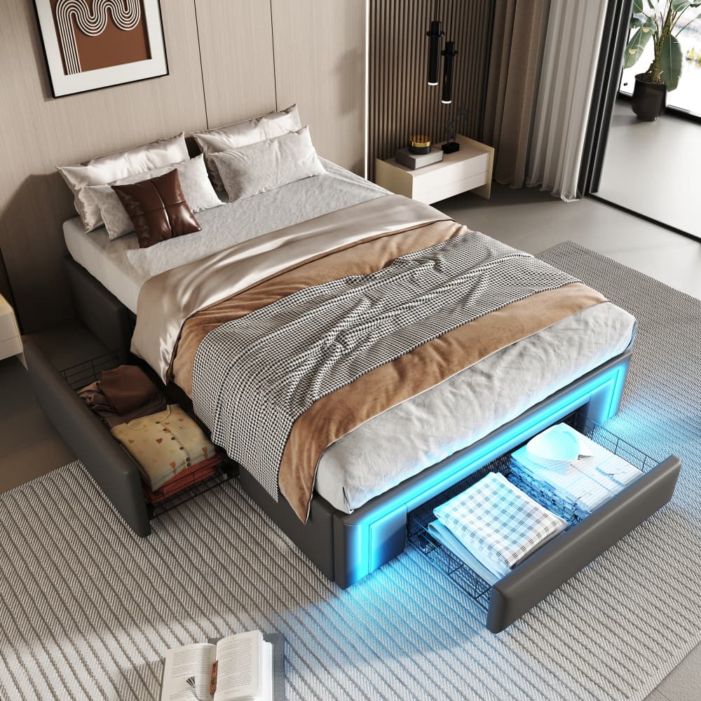 Cama tapizada 90x200 cm con cajones y luz LED pu – color gris