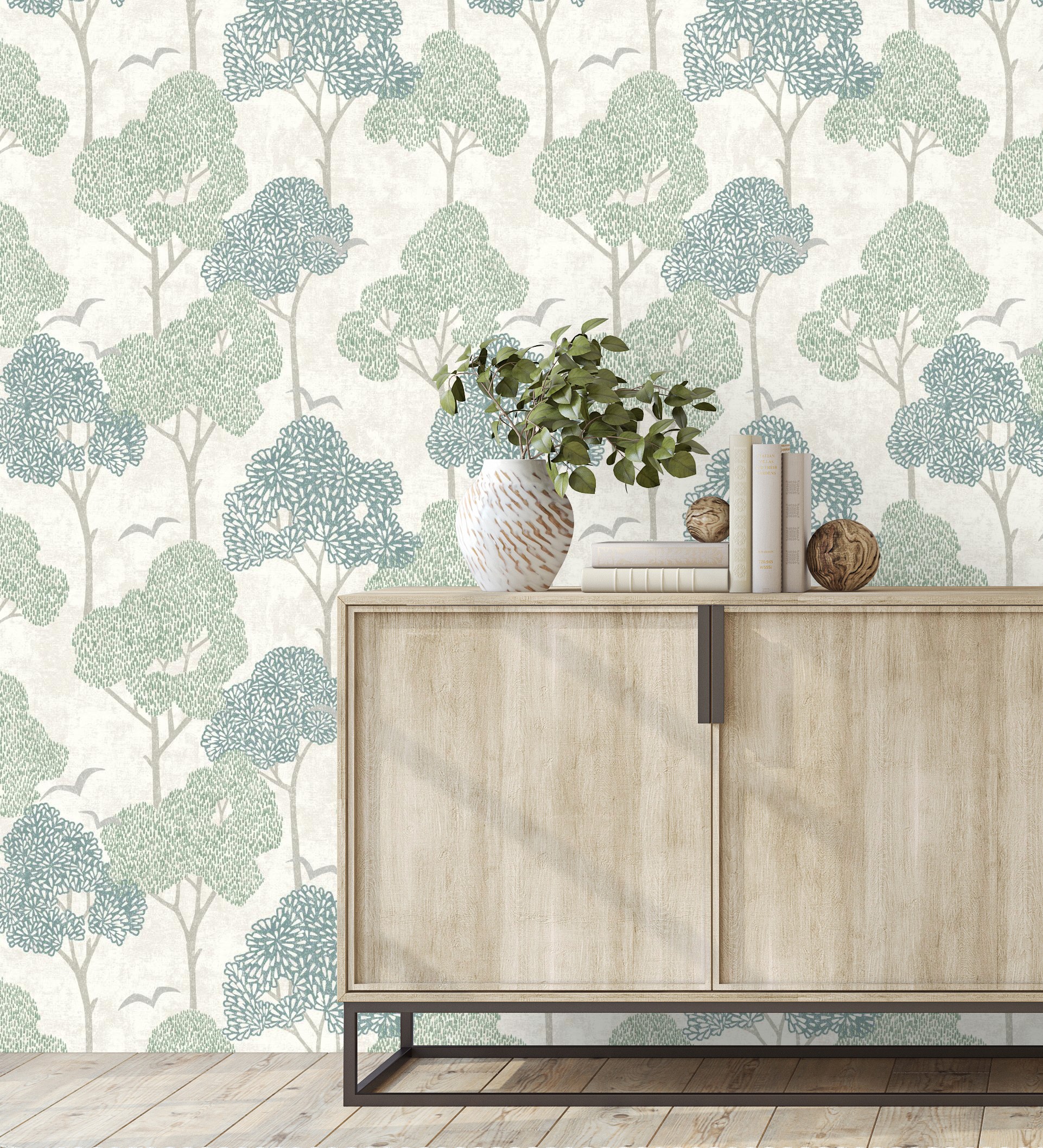 Papel pintado gaulan de árboles verdes y pájaros con 5.23m²