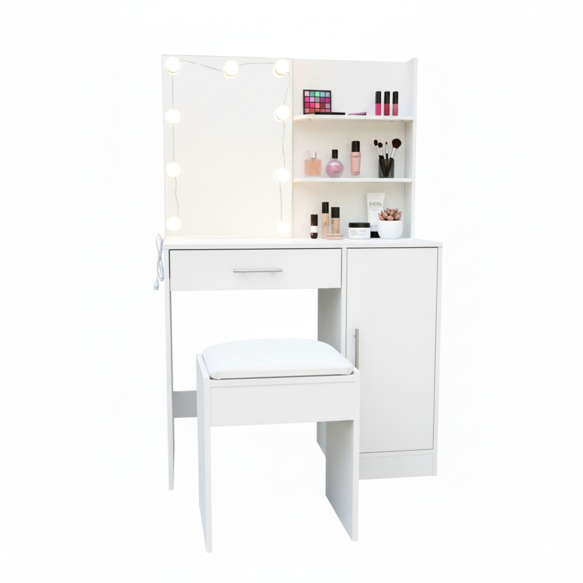 Tocador con espejo LED | estantes, cajón y taburete | luz modulable