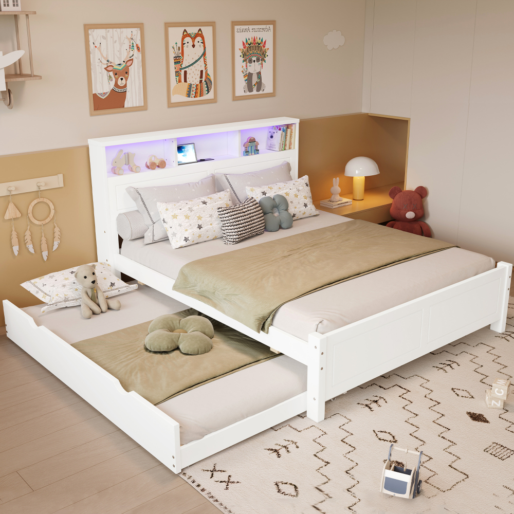 Cama doble 120x200 cm con cama nido 90x190, LED y carga madera blanco