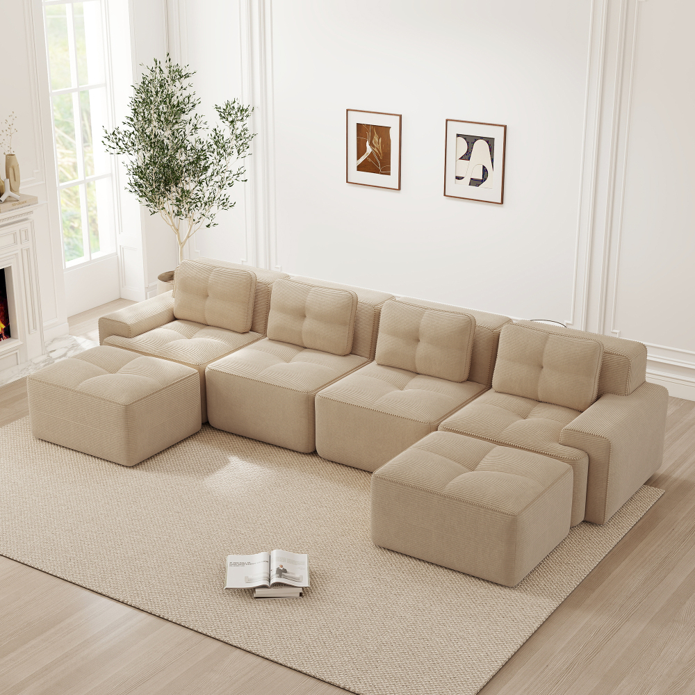 Sofá modular en u de pana beige 4 plazas con asiento profundo sin montaje
