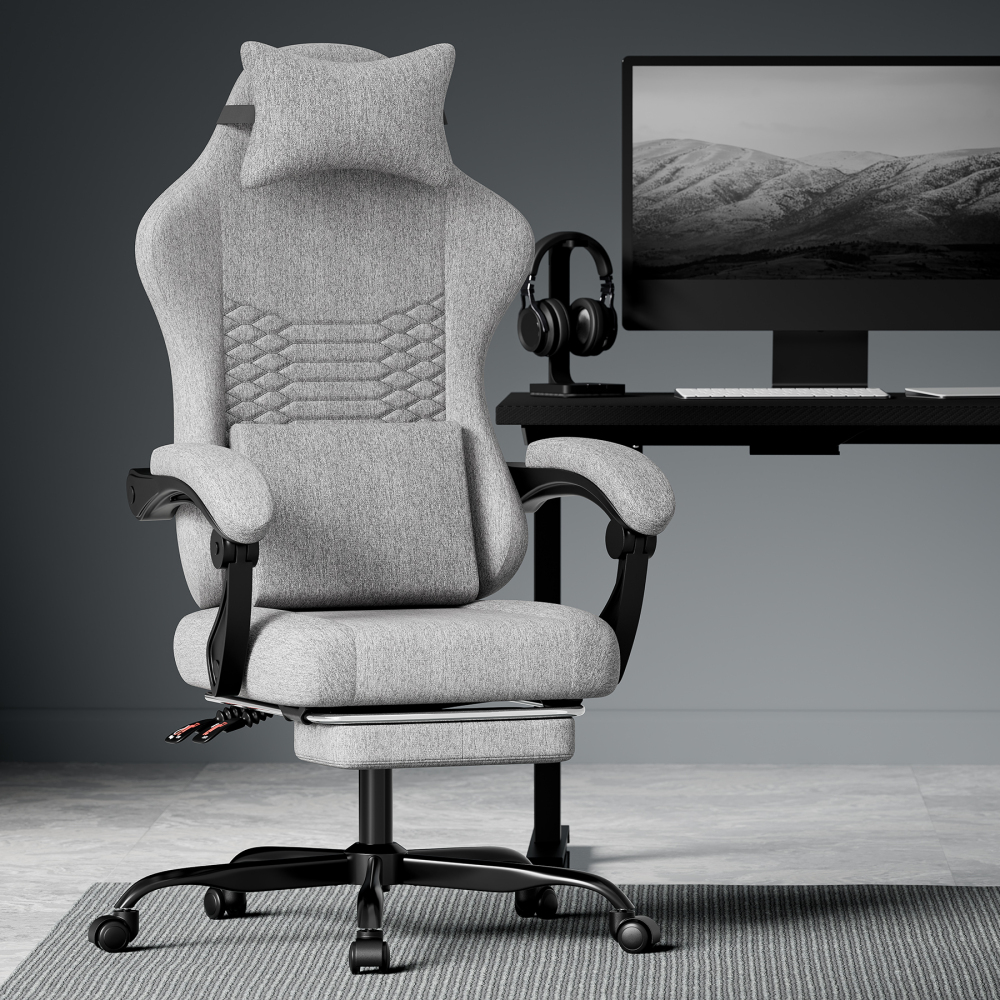 Silla oficina ergonómica tela gris claro con reposapiés