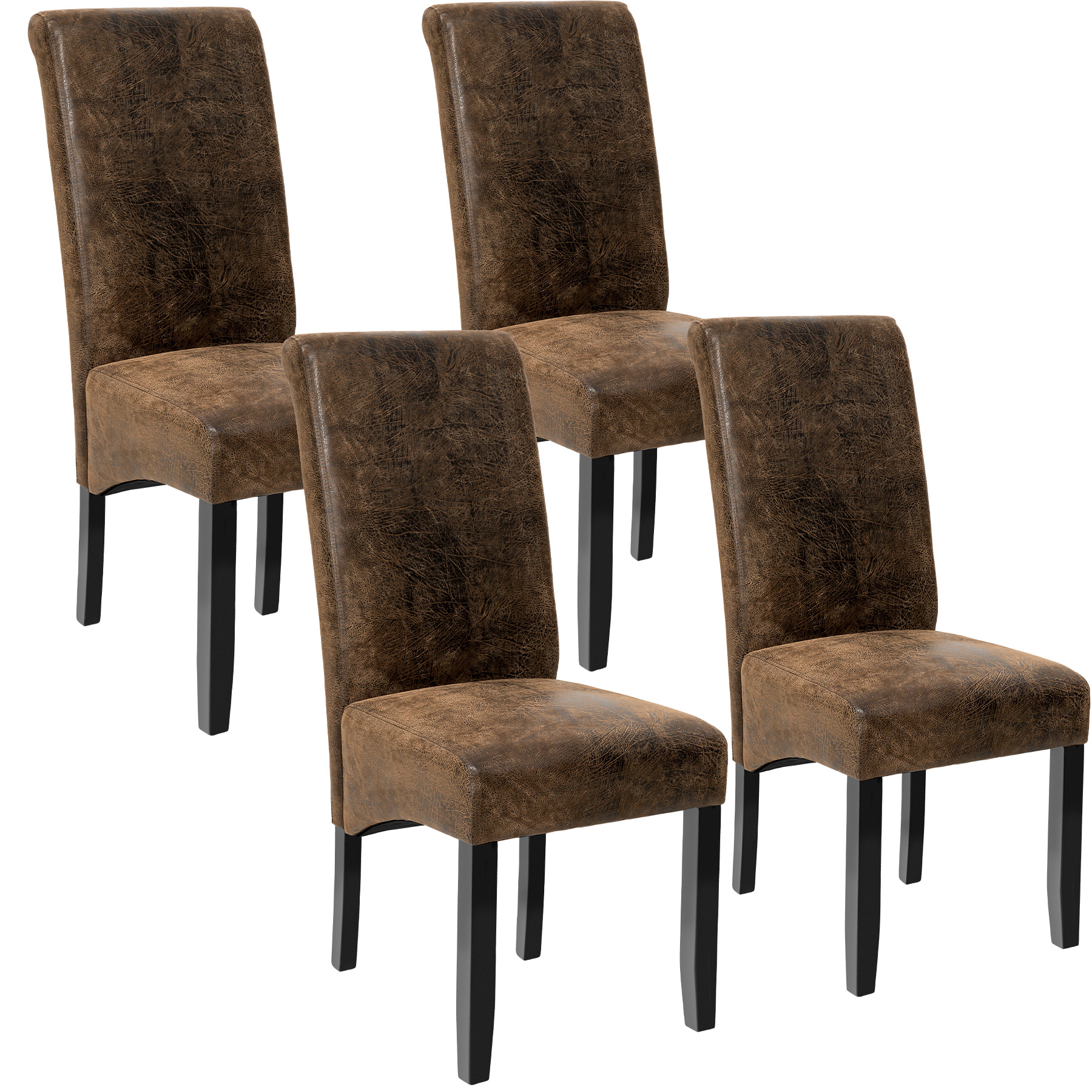 4 sillas de comedor ergonómicas, símil cuero, tapizadas marrón antiguo
