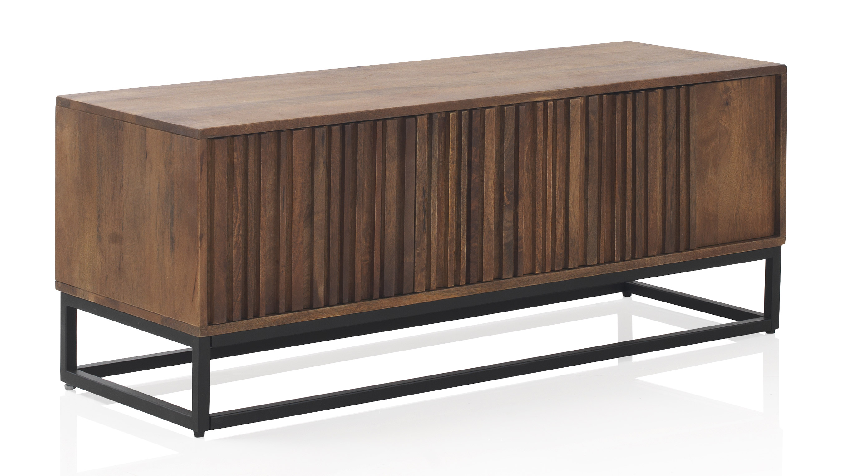 Mueble tv 3 puertas laminadas mango, base metal, 115x40x45cm
