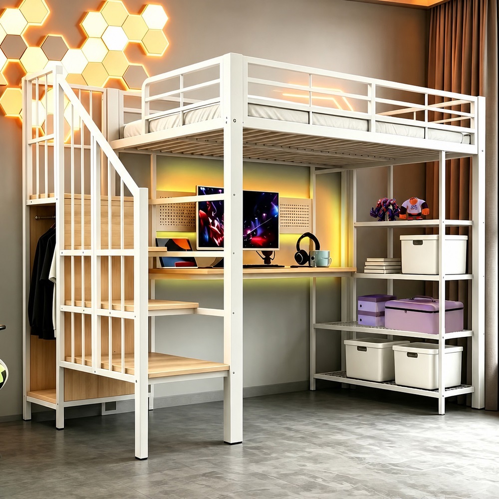 Cama alta de hierro 90x200cm con escritorio, almacenaje, LED, blanca