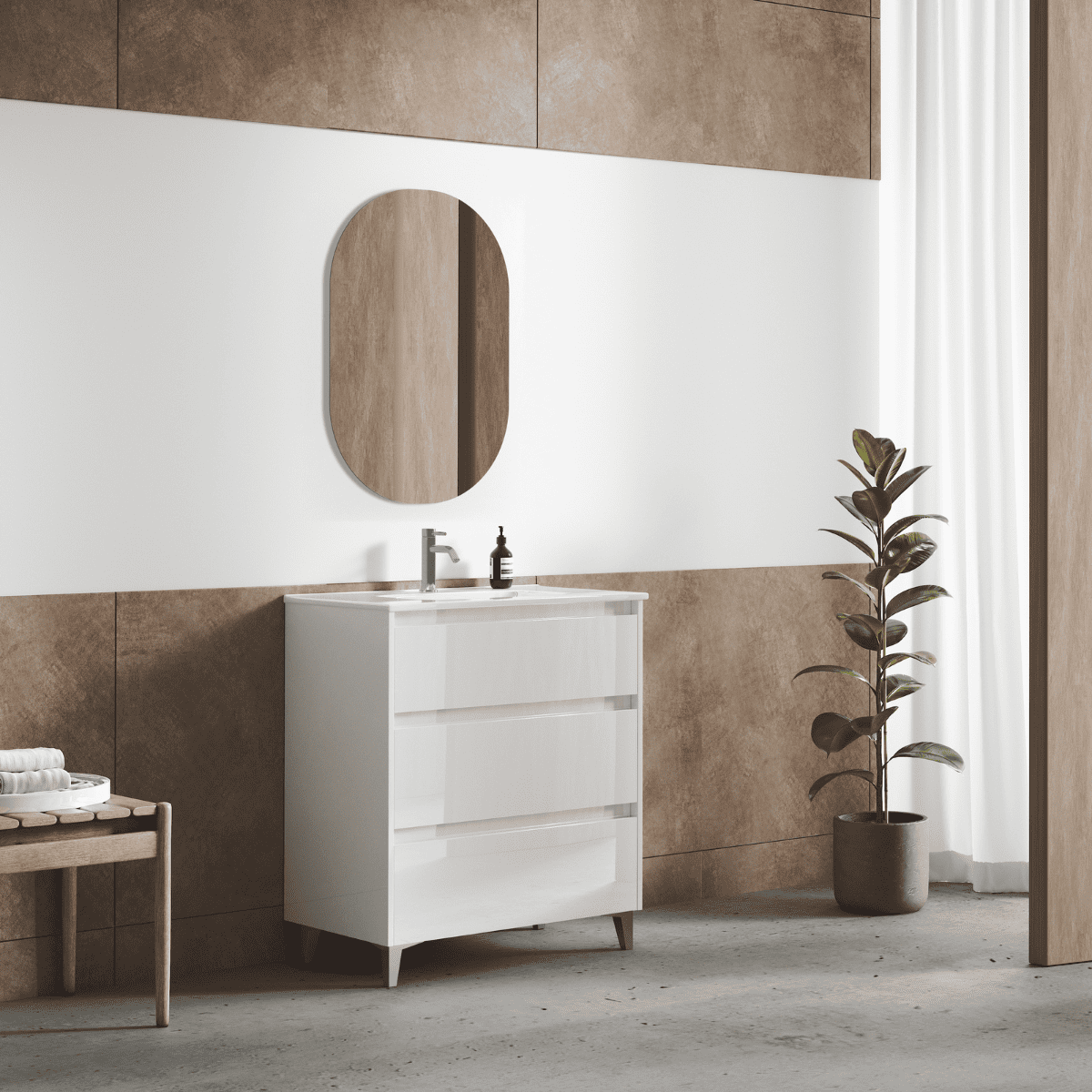 Mueble baño a suelo |lavabo cerámico |patas cromo 3 cajones |60 cm blanco