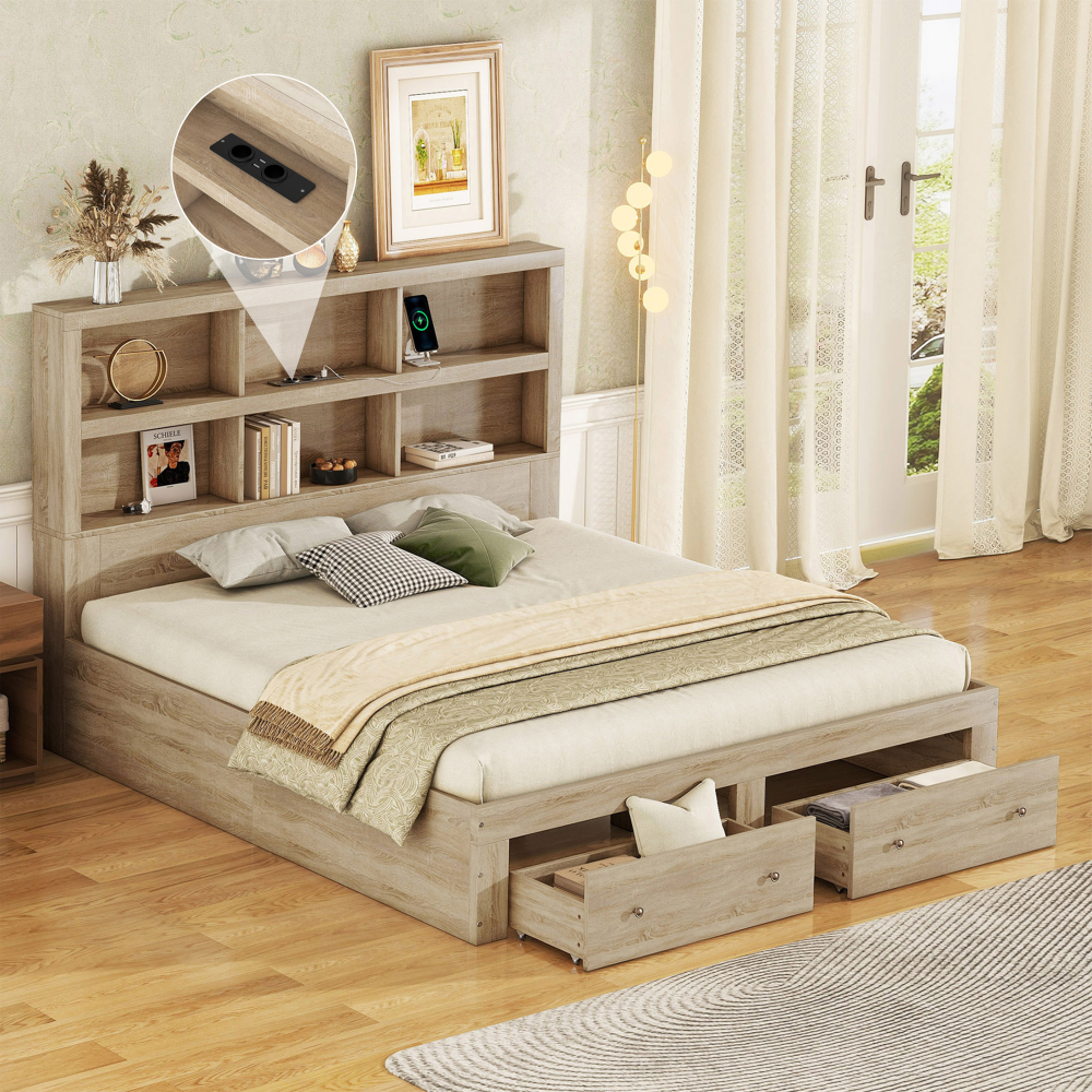 Cama doble 160x200cm con cajones y cabecero, almacenaje, aglomerado natural
