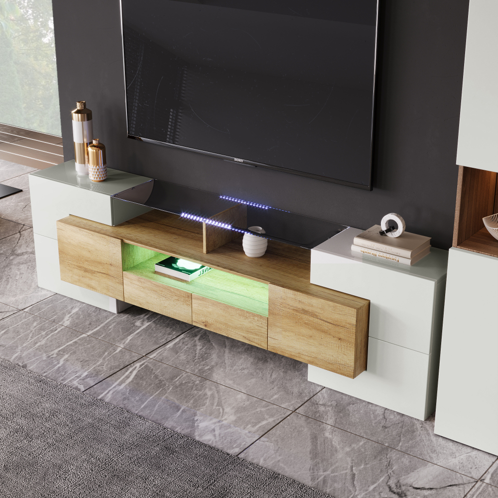 Mueble de tv 6 puertas 2 cajones blanco brillo y natural 60x200x35cm