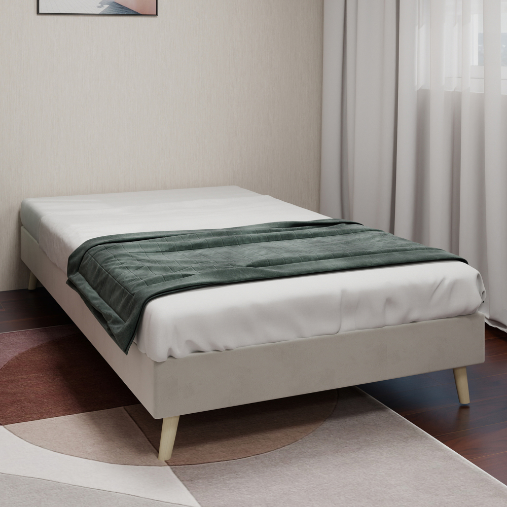 Cama tapizada 90x200 cm base baja de tela y metal – color beige