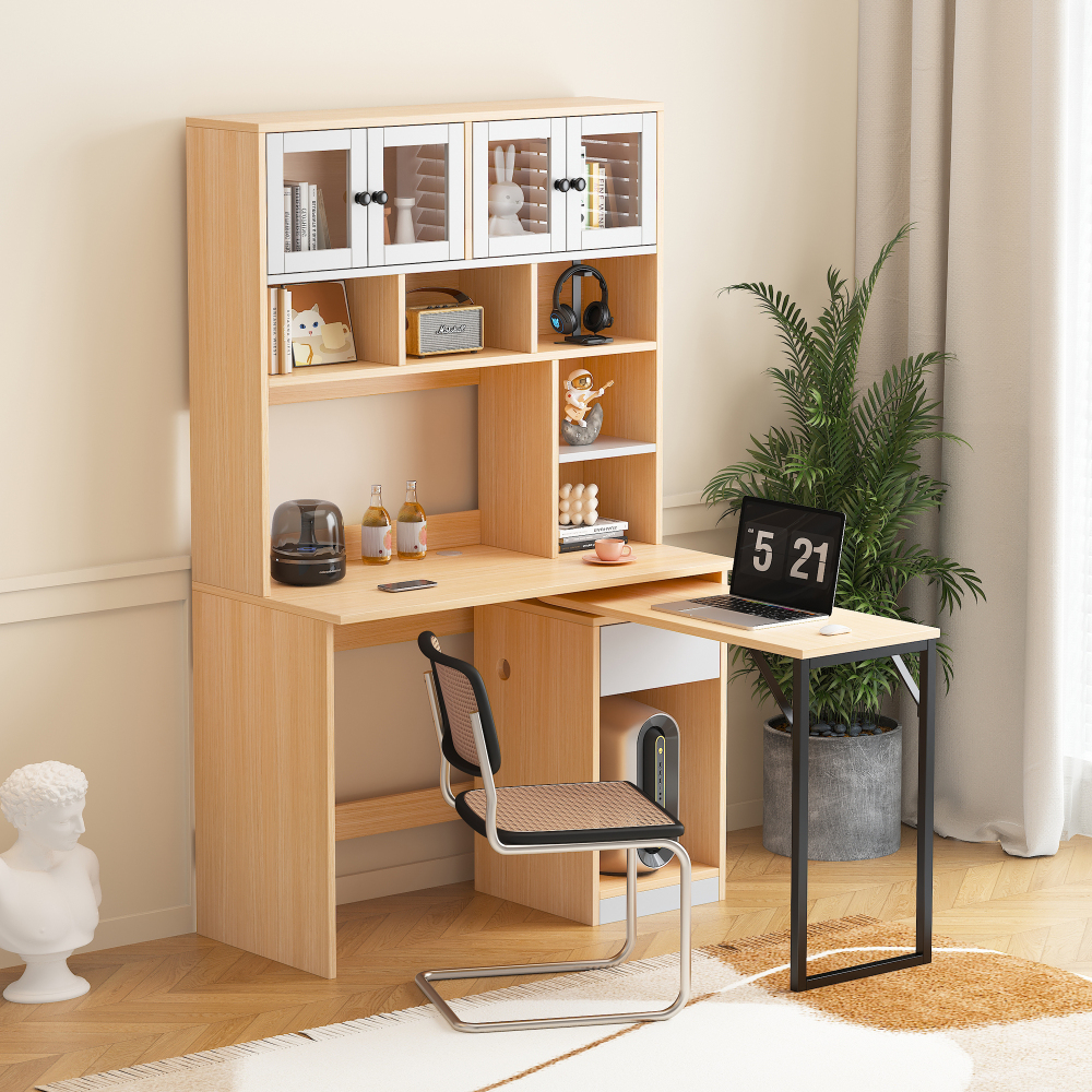 Escritorio con estantería alta giratorio mdf blanco y natural 180cm