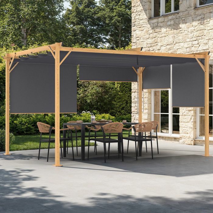 Pérgola efecto madera - techo retráctil - gris 3x4 m