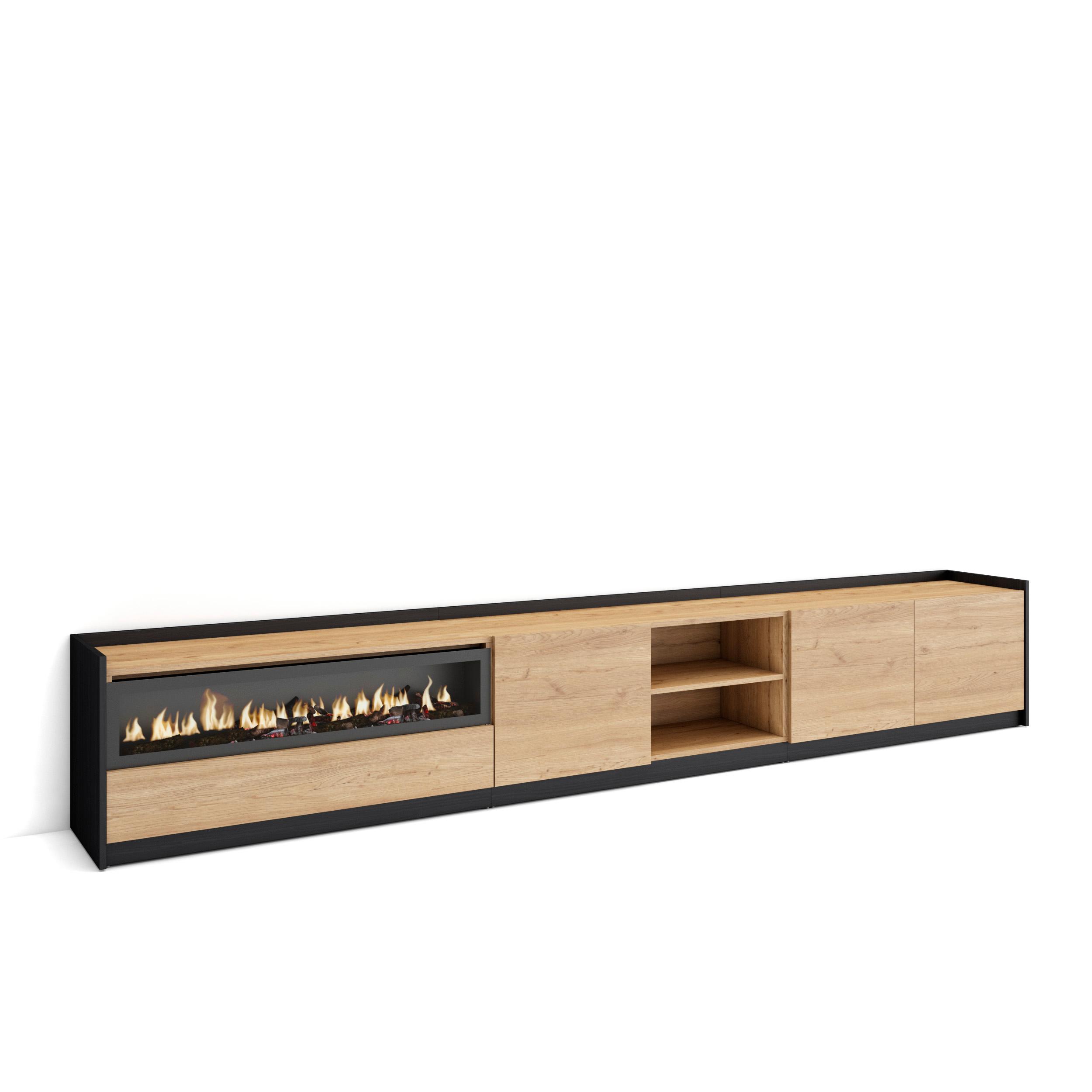 Mueble tv, 310x37x50cm, roble y negro, chimenea eléctrica rf4351
