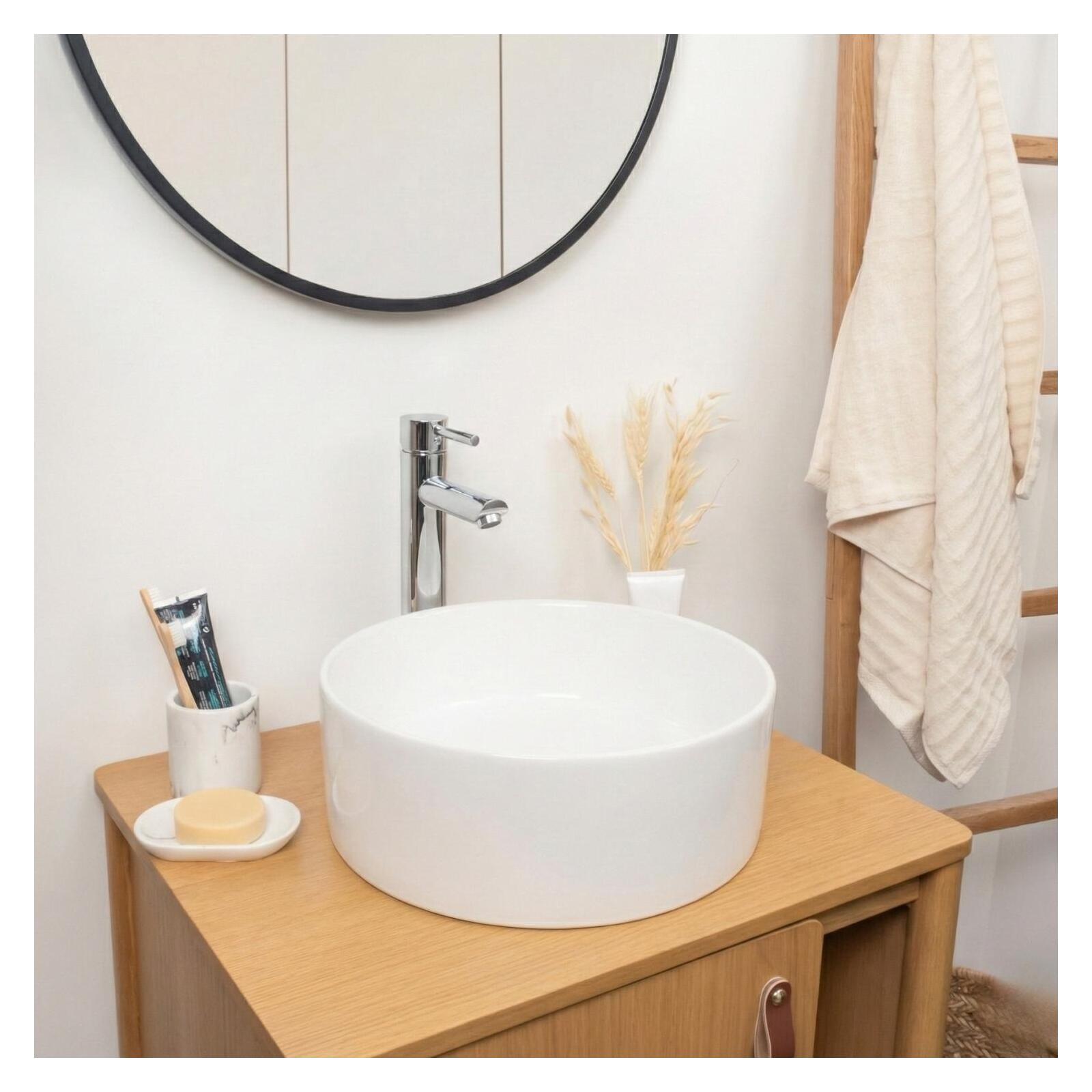 Lavabo sobre encimera redondo de cerámica blanca, 37cm