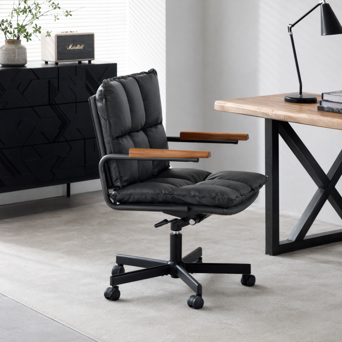 Silla de oficina ergonómica cuero sintético negro regulable giro 360°