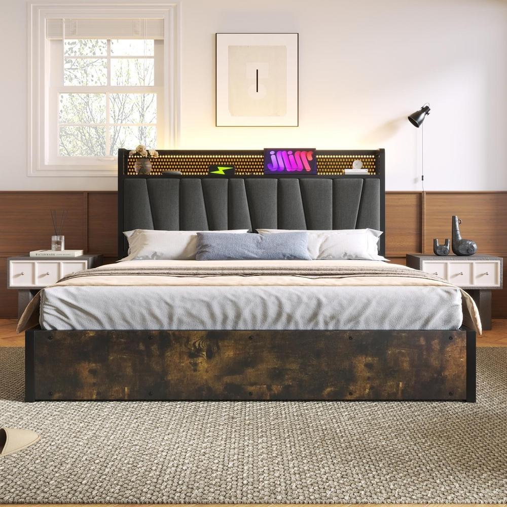 Cama 180x200cm con LED app, carga usb y almacenaje en cabecero, gris