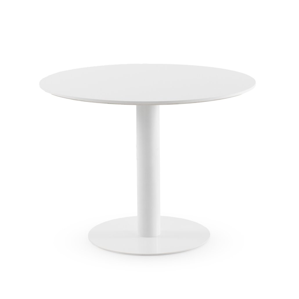 Mesa melamina blanca con pie central metálico, 100x100x75cm