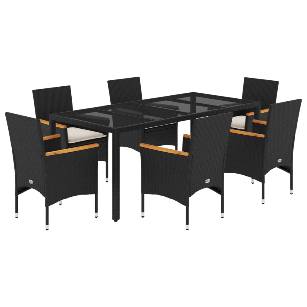 vidaXL set comedor jardín 7 pzas cojines ratán sintético vidrio negro