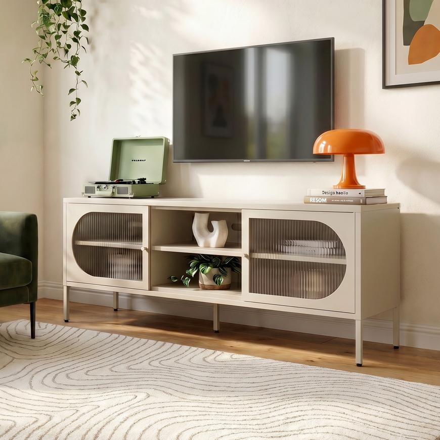 Mueble de tv en metal beige, 160 cm, 2 puertas de cristal estriado - come