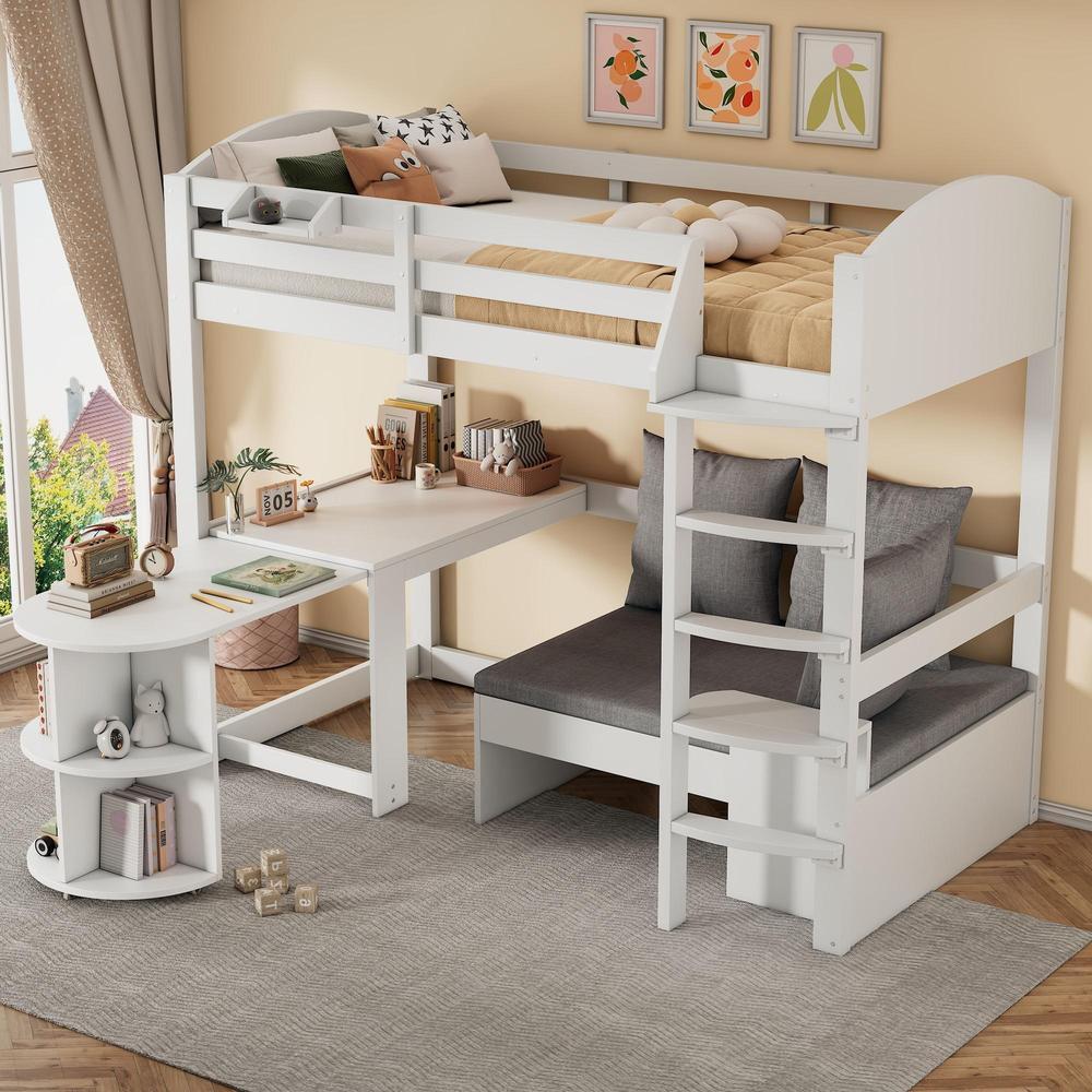 Cama alta niño 90x200cm con escritorio, sofá con almacenaje blanca