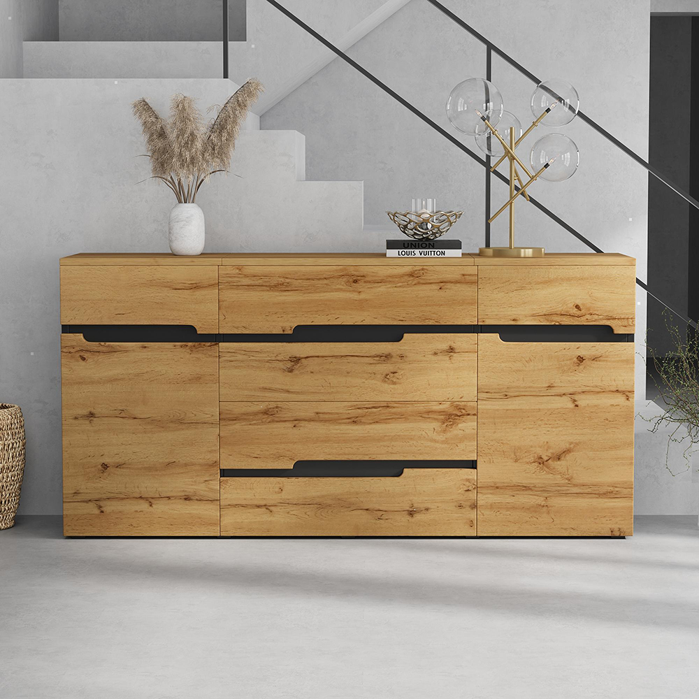 Armario para sala, cuatro cajones, madera y negro.