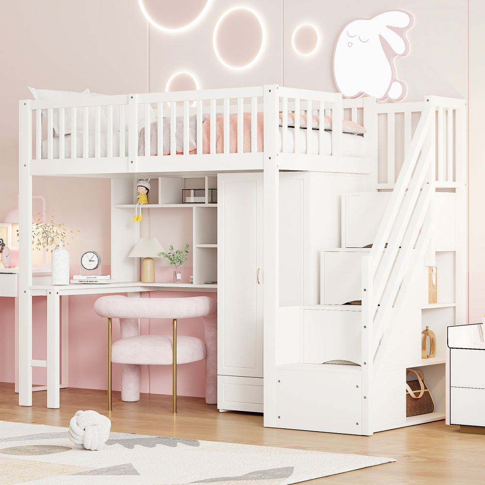 Cama alta 90x200cm con armario escritorio y estante madera maciza – blanco