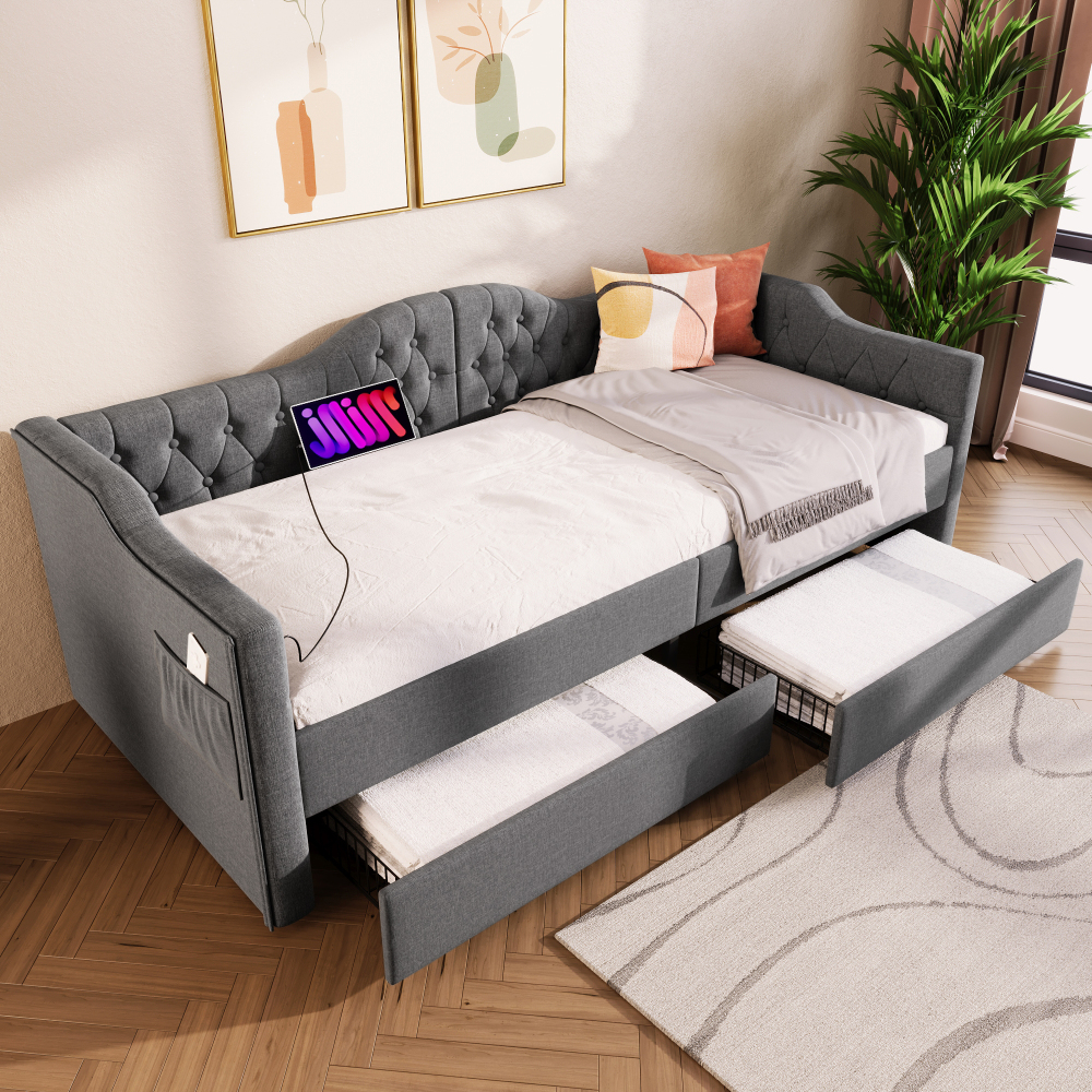 Sofá cama individual 90x200cm con usb tipo c y 2 cajones lino – gris