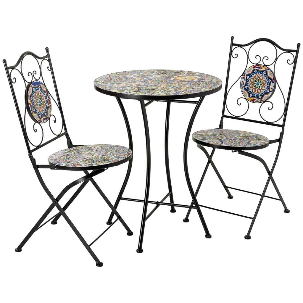 Conjunto mesa y 2 sillas de mosaico y forja multicolor, mesa:d60x75h-s