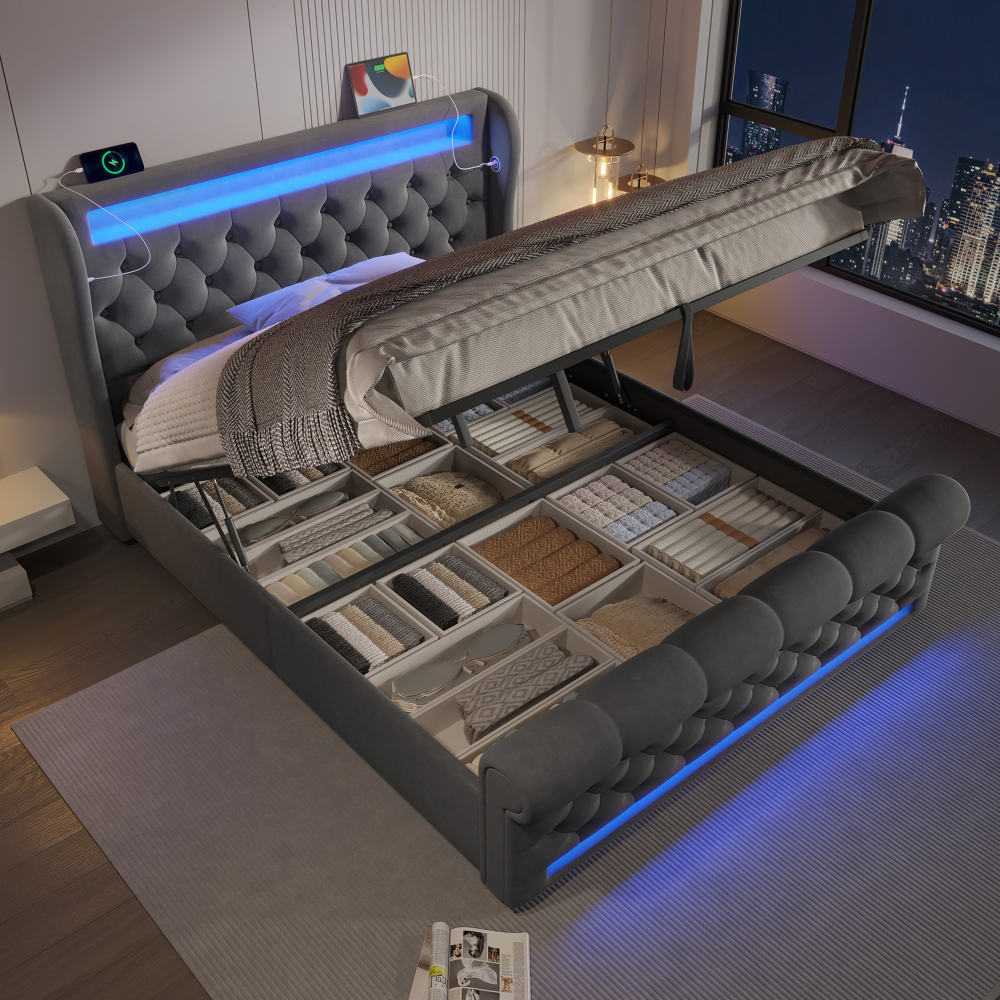 Cama tapizada 140x190 cm con LED, usb, tipo c y canapé de terciopelo – gris