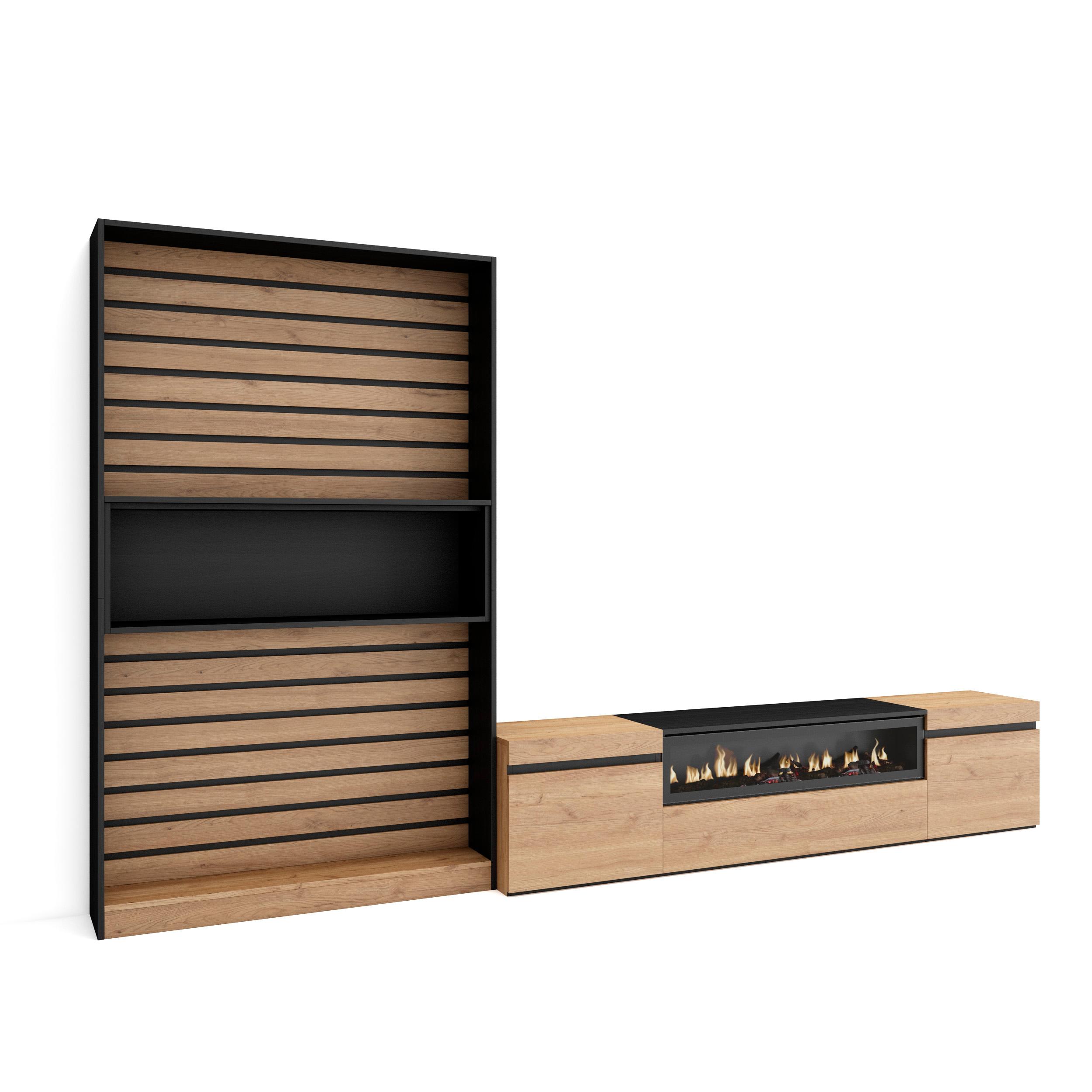Muebles salón, 310x35x186cm, roble y negro, chimenea eléctrica rf2862