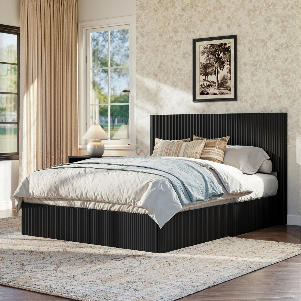 Cama con canapé 160x200cm cabecero acanalado mdf metal negro