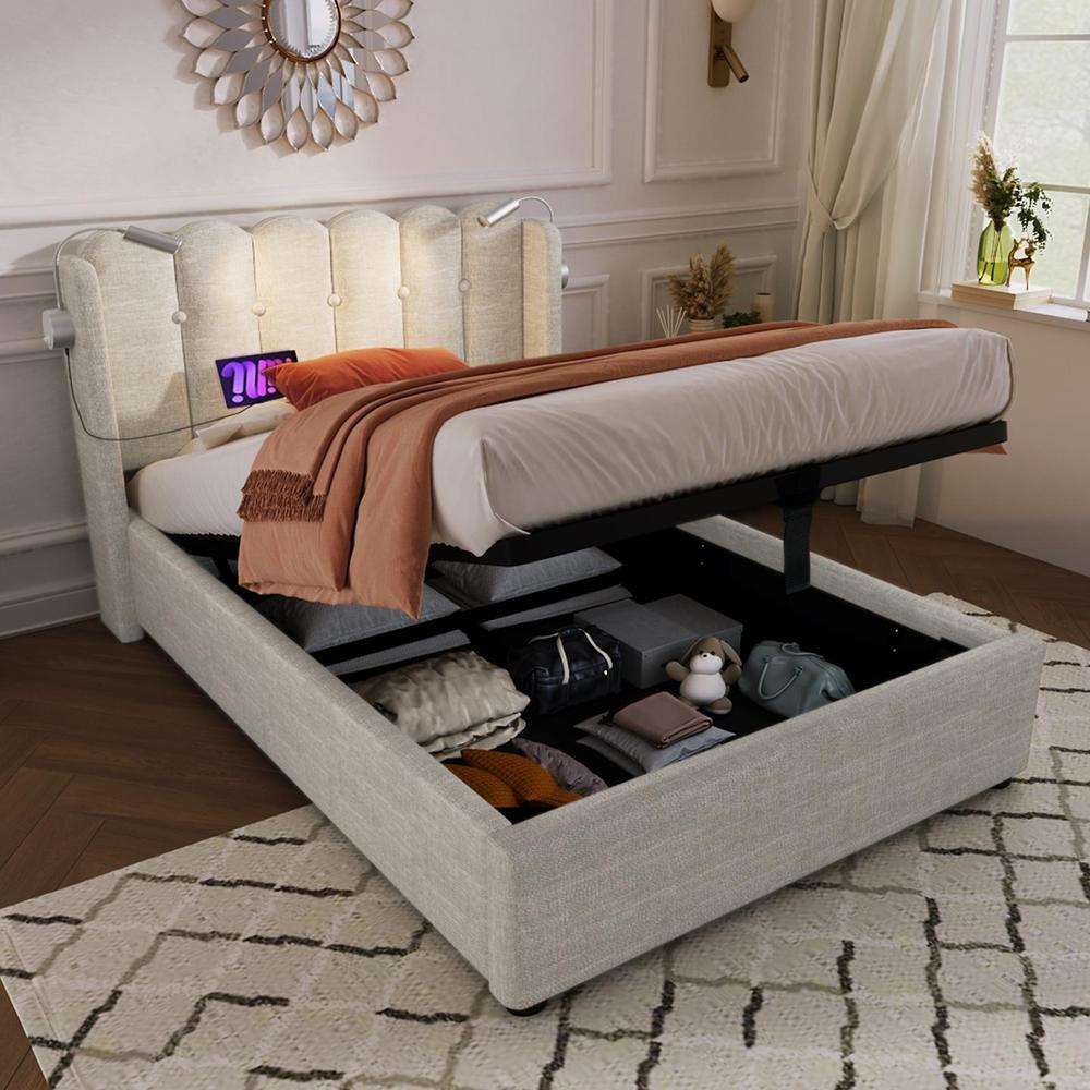 Cama 90x200 cm con luces usb, cabecero diseño, beige