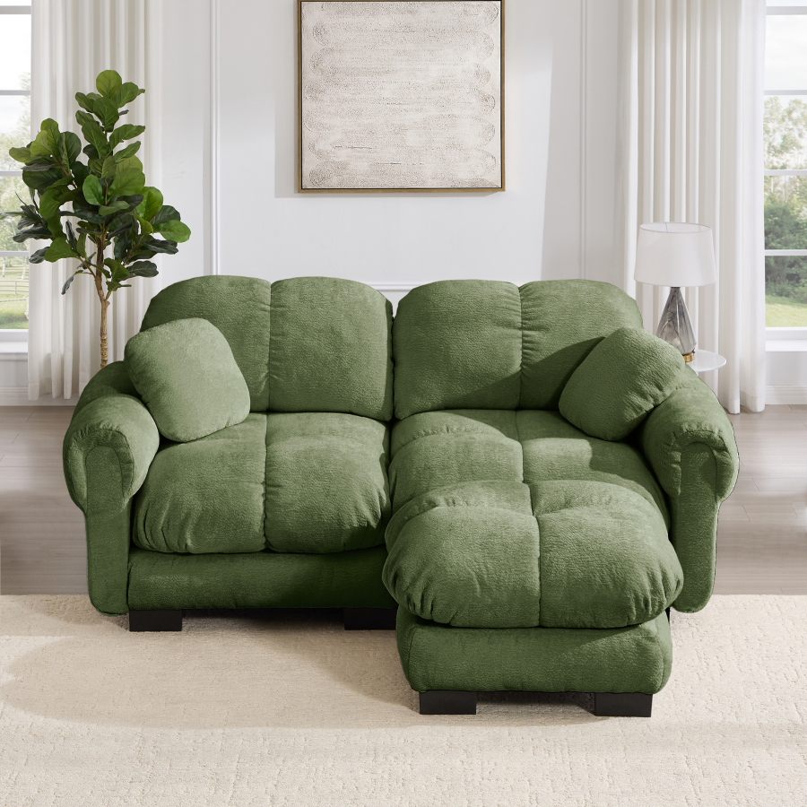 Sofá chaise longue modular chenilla verde 2 plazas con otomana