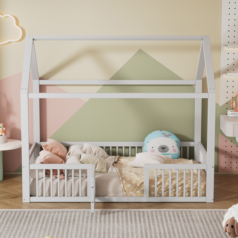 Cama casita infantil 90x200cm con barandilla y puerta pino y mdf – blanco