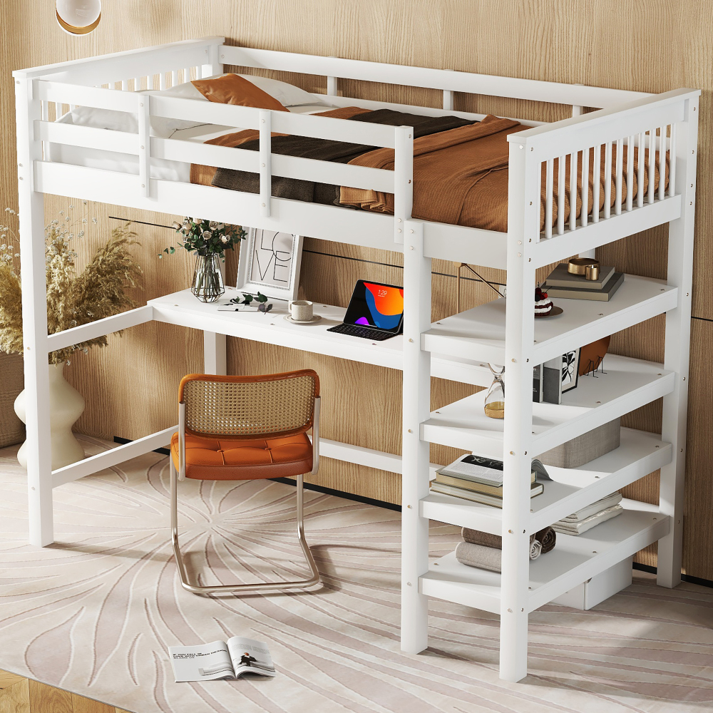 Cama alta infantil 90x200cm con escritorio y estantería pino y mdf – blanco