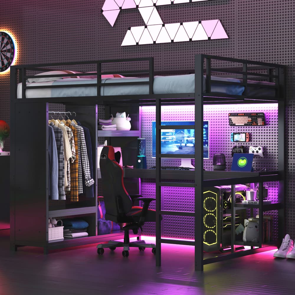 Cama alta 140x200cm con LED, escritorio y armario abierto metal – negro