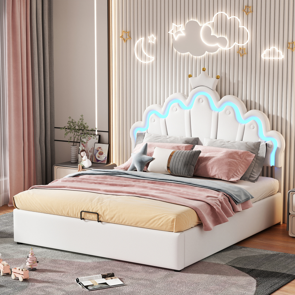 Cama de matrimonio tapizada 140x200cm con canapé hidráulico y LED pu blanco