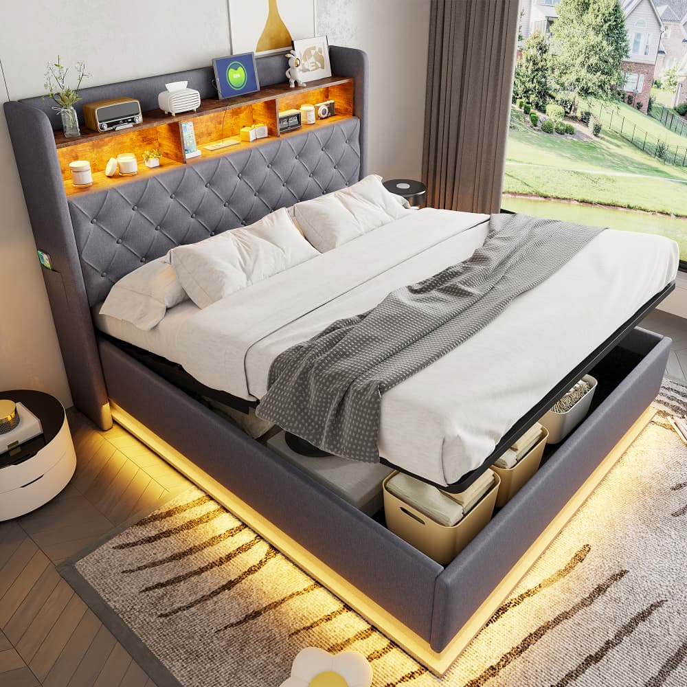 Cama tapizada 160x200cm con LED, usb y canapé hidráulico tela – color gris