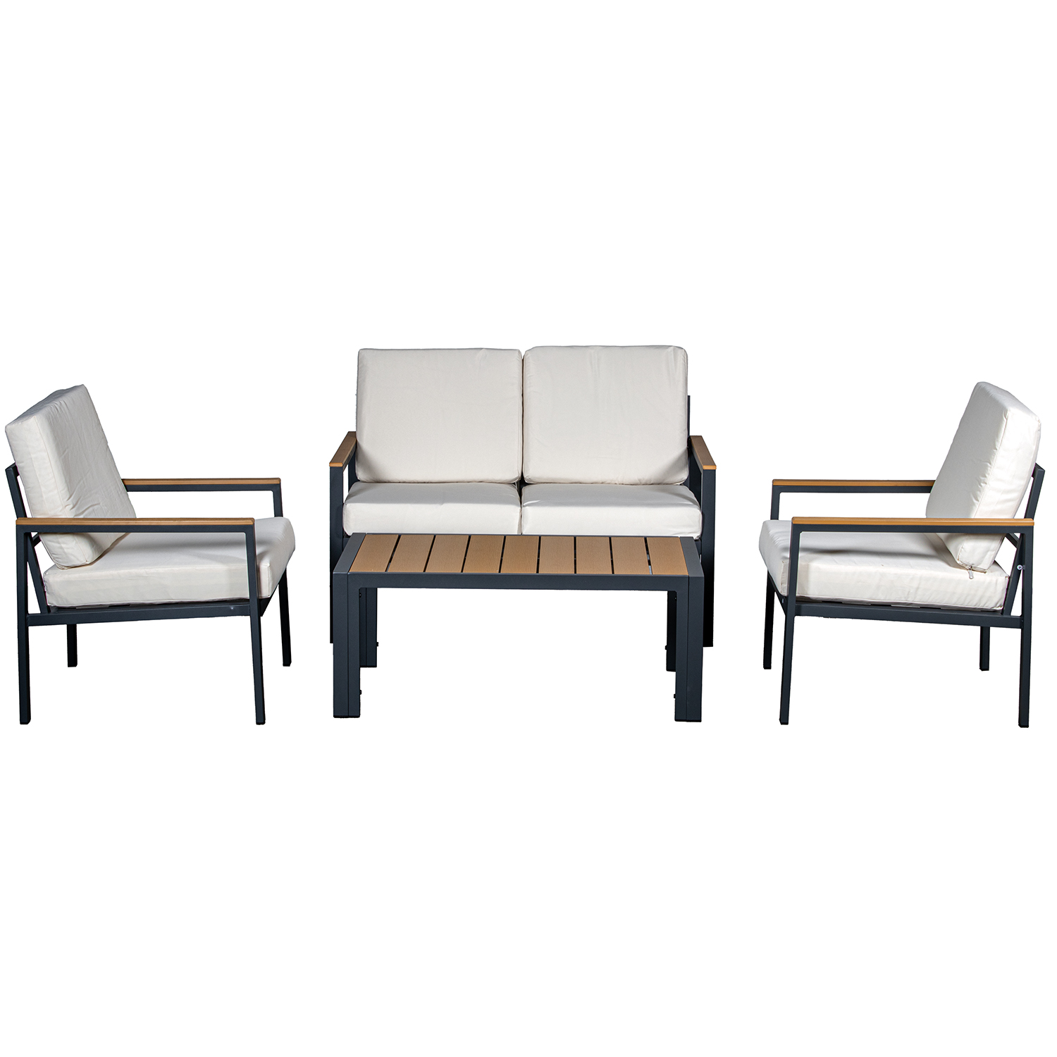 Set sofa 2p y 2 sillones y mesa aluminio antracita cojines beige