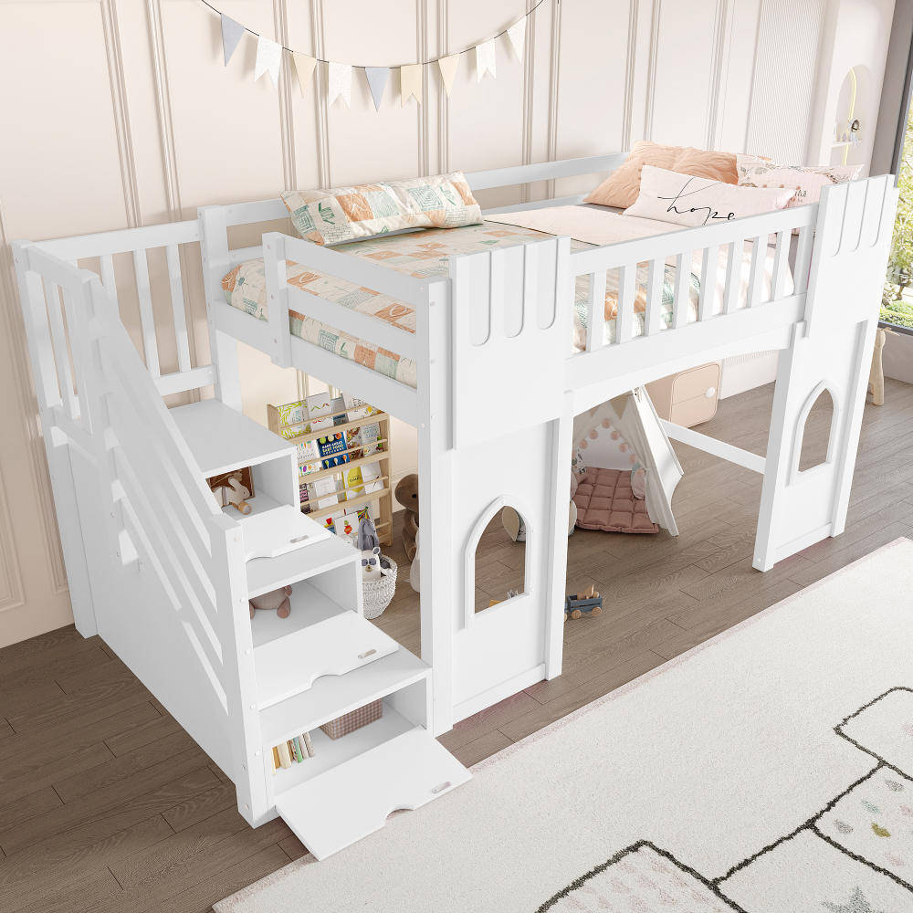 Cama alta 90x200cm con escalera de almacenaje y ventanas mdf y pino blanco