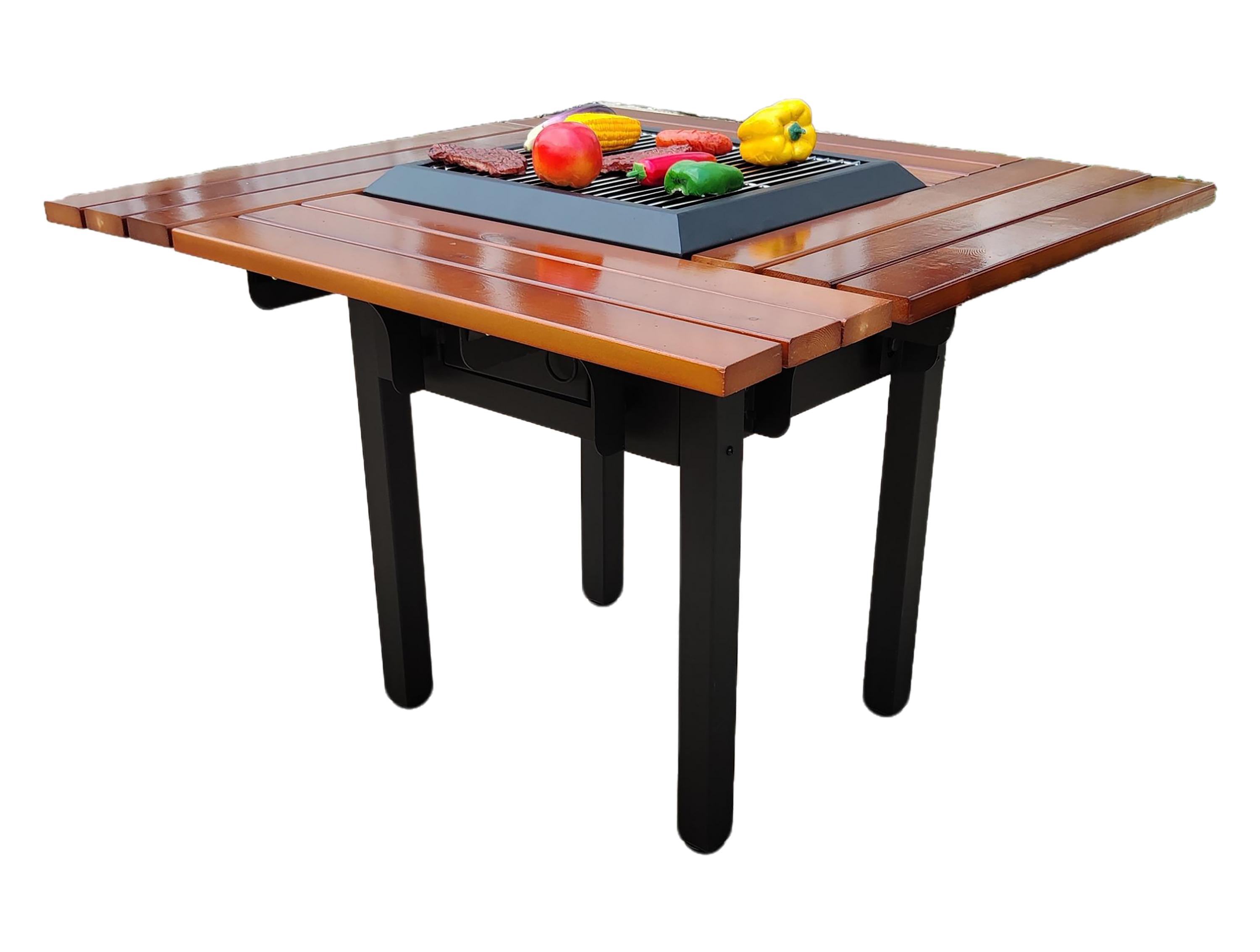 Mesa barbacoa con grill y tablero de madera