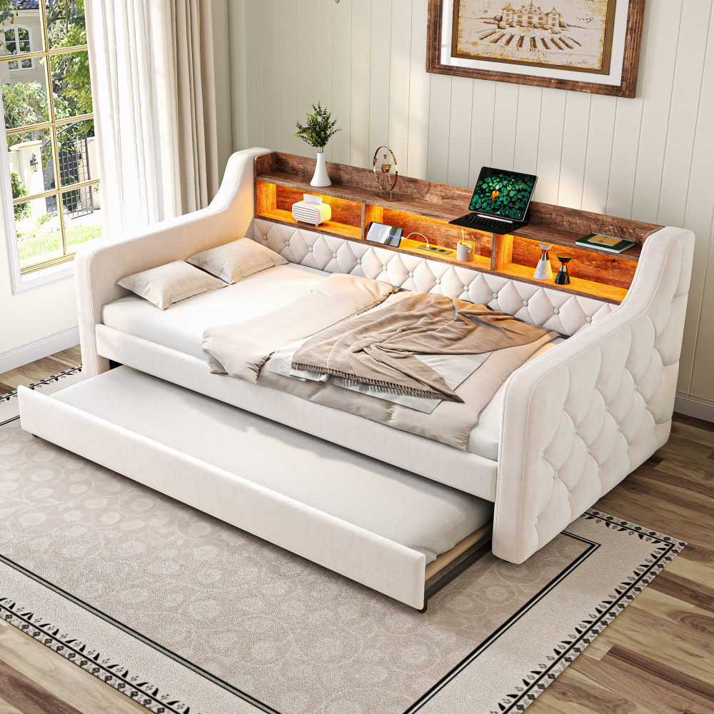 Cama nido 90x190cm con LED, somier y almacenaje terciopelo – beige