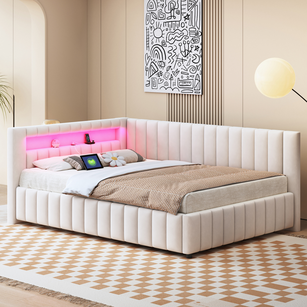 Sofá cama 140x200cm con LED y usb en terciopelo – color beige