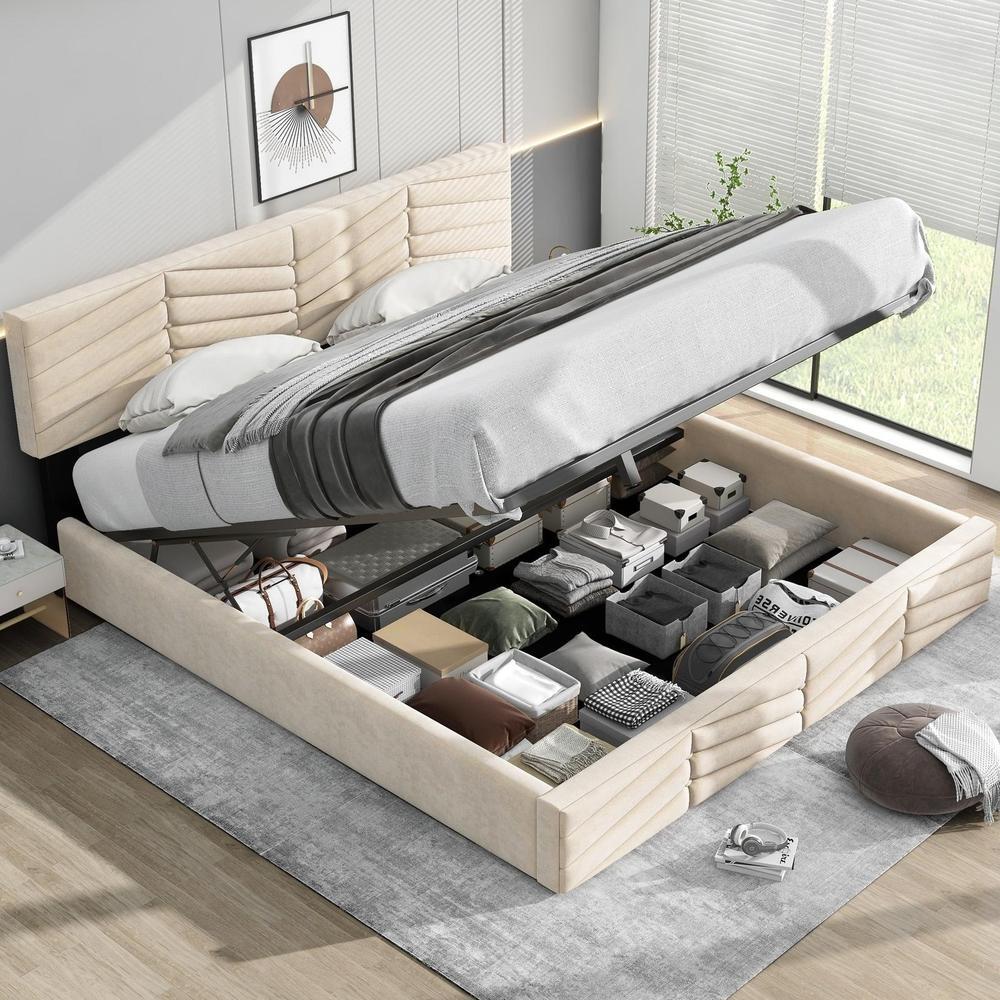 Cama 180x200cm con cabecero ajustable hidráulica terciopelo beige