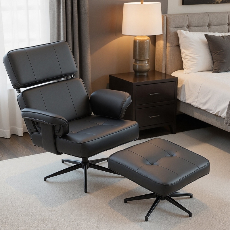 Sillón reclinable con otomana negro en piel sintética 1 plaza