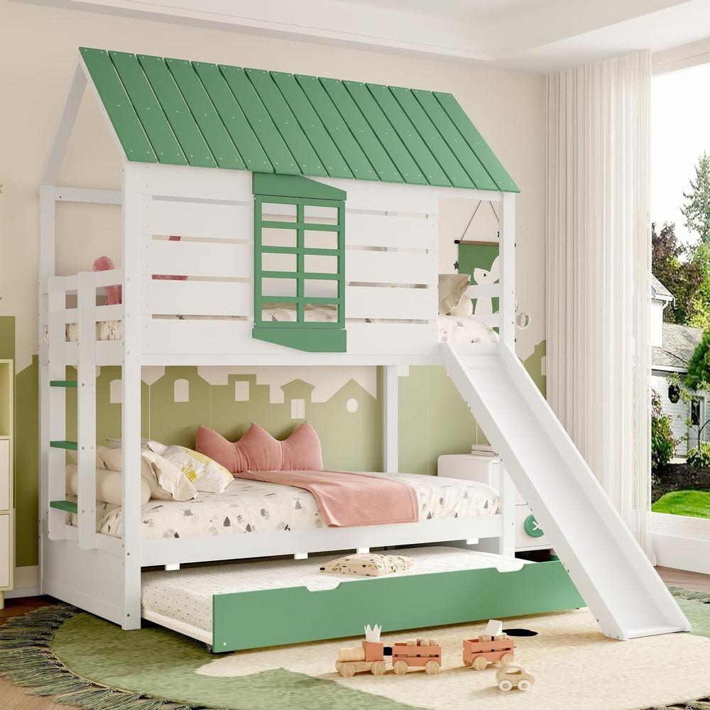 Cama infantil casa con tobogán 90x200cm blanca verde