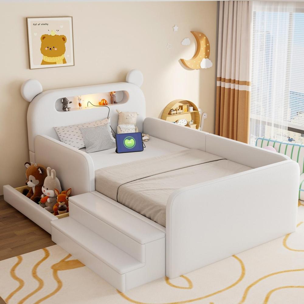 Cama infantil 90x200cm, oso en cabecero, LED usb, almacenaje, blanca