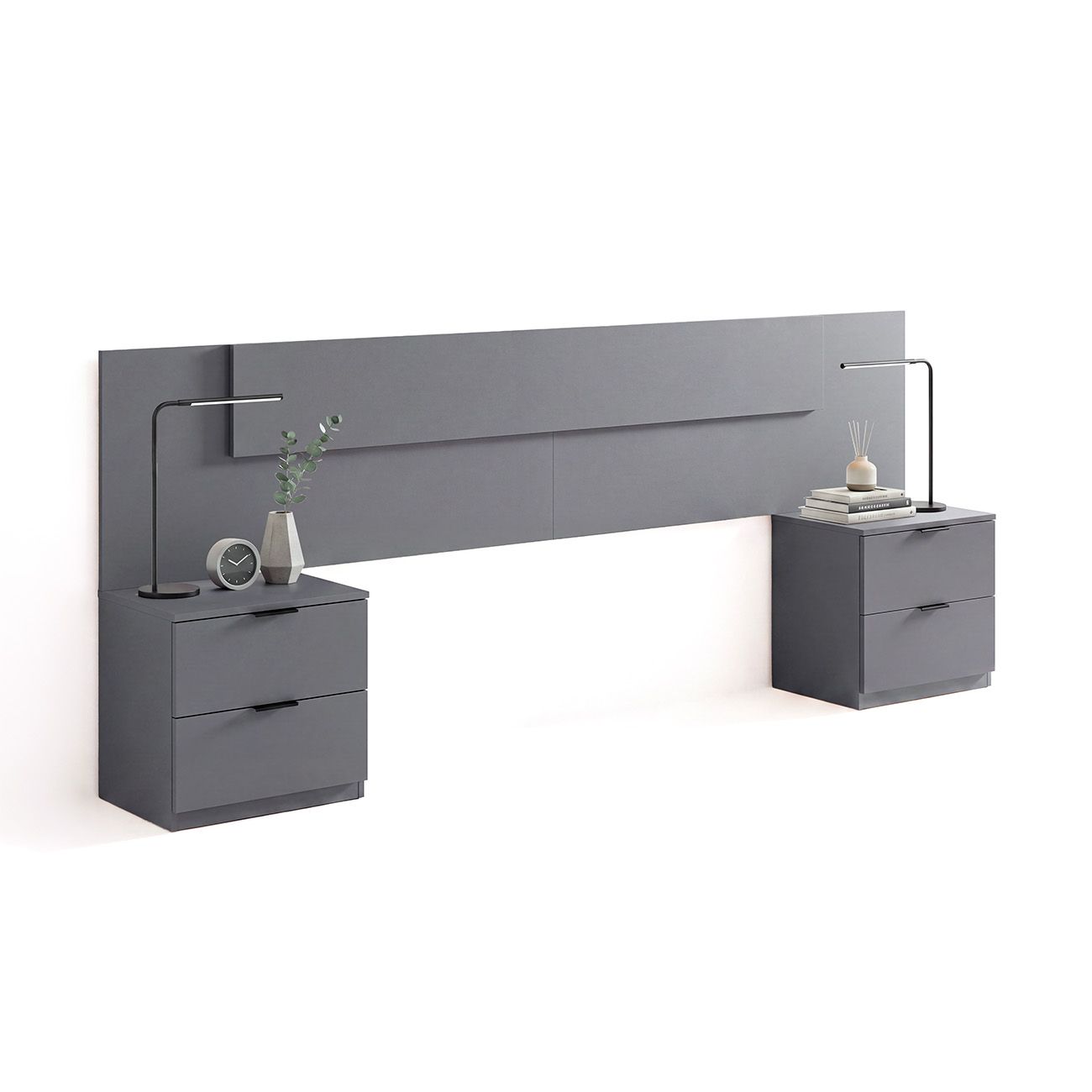Cabecero para cama de 135-150 cm y 2 mesitas con cajones akari gris grafito
