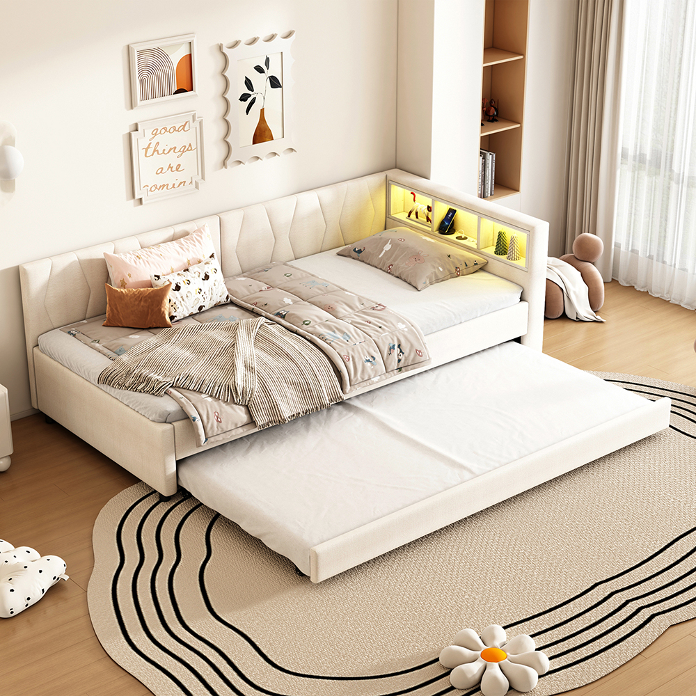 Cama independente,90x200cm,extensible,lino,beige.
