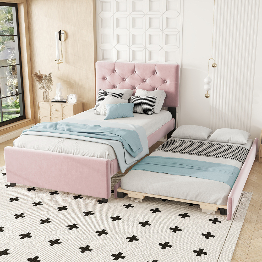 Cama tapizada 90x200 cm con cama nido y somier terciopelo – color rosa