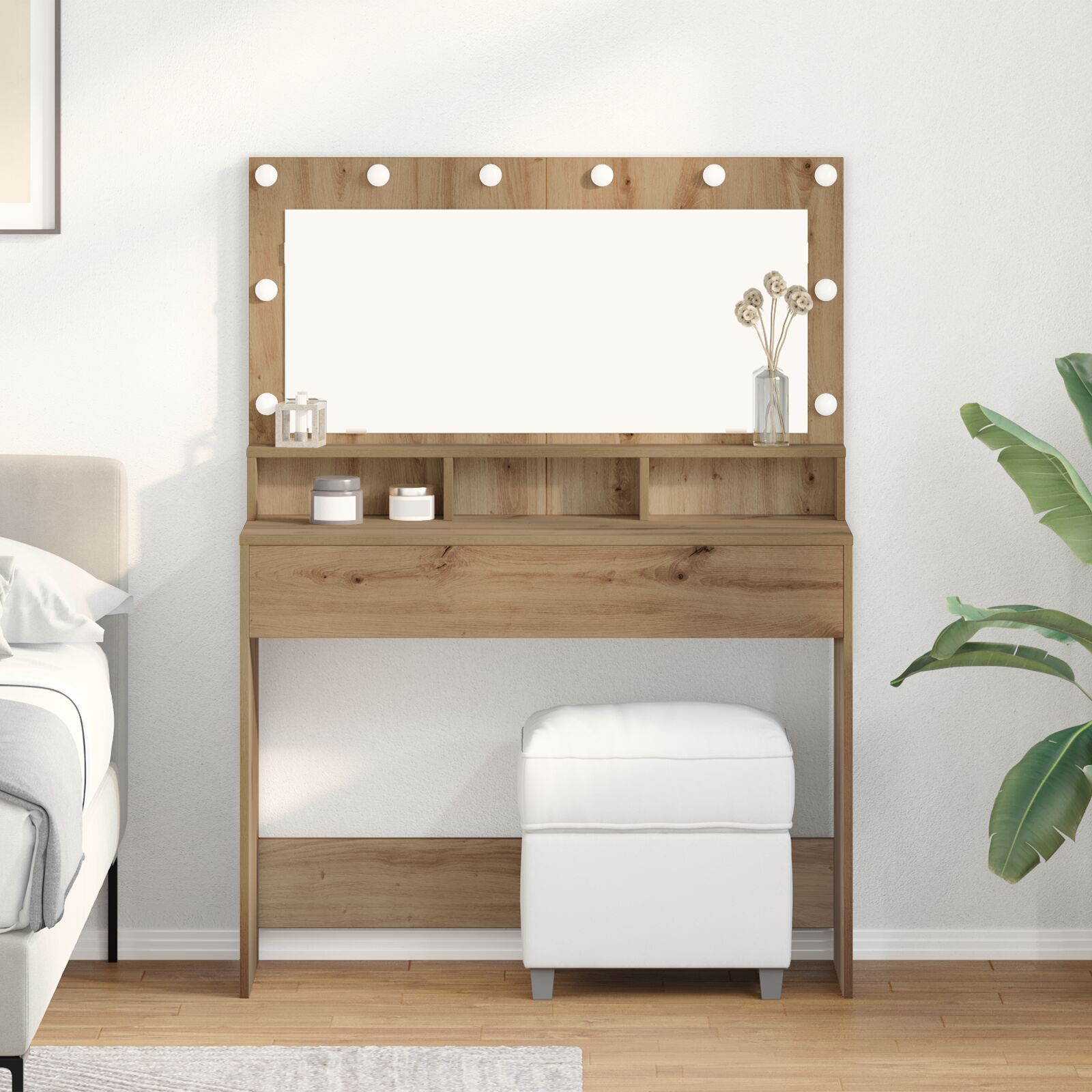 Mesa de maquillaje con luces LED en roble artesanal, 100x41x135 cm f2388